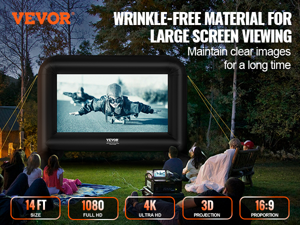 VEVOR inflatable movie screen in a backyard setting, featuring 14 ft size, 4k uhd, and 1080p full hd.