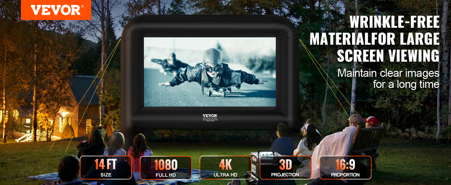 VEVOR inflatable movie screen in a backyard setting, featuring 14 ft size, 4k uhd, and 1080p full hd.