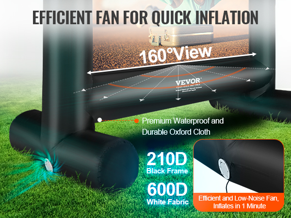 VEVOR inflatable movie screen, 160° view, efficient fan for quick inflation, durable waterproof fabric.