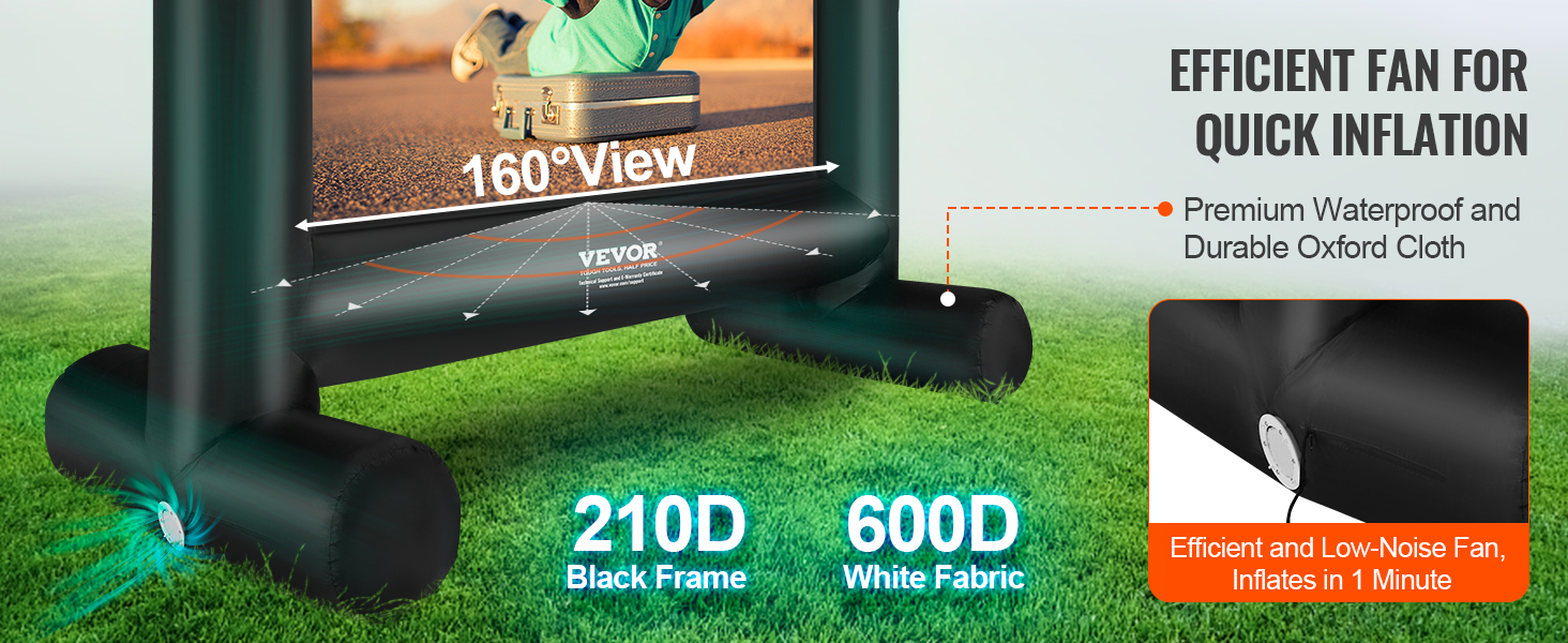 VEVOR inflatable movie screen, 160° view, efficient fan for quick inflation, durable waterproof fabric.