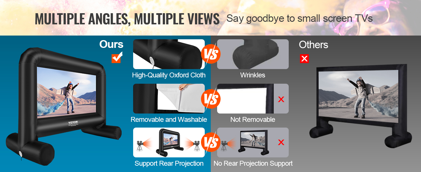 VEVOR inflatable movie screen vs others: high-quality, washable fabric, supports rear projection.