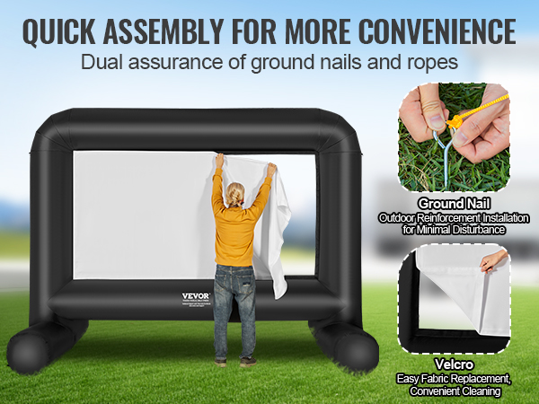 VEVOR inflatable movie screen with easy assembly, featuring ground nails, ropes, and velcro for stability.