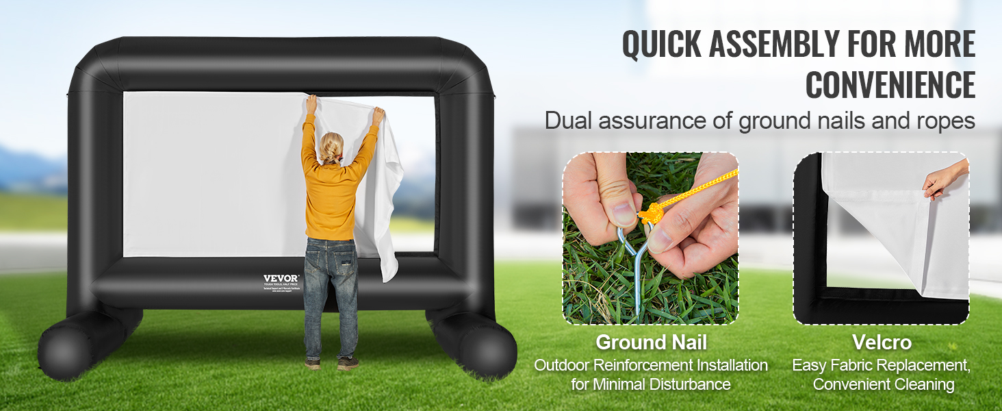 VEVOR inflatable movie screen with easy assembly, featuring ground nails, ropes, and velcro for stability.