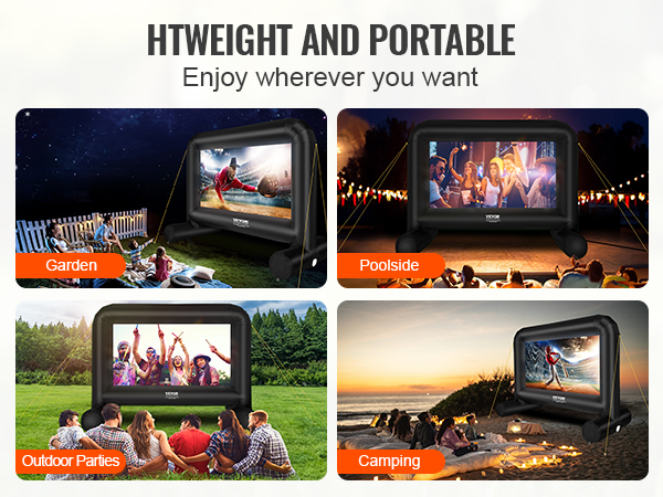 VEVOR inflatable movie screen: enjoy movies in the garden, by the pool, at parties, or while camping.