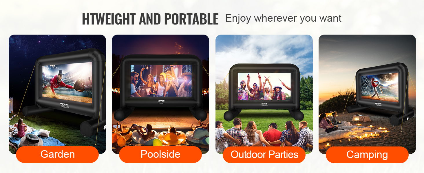 VEVOR inflatable movie screen: enjoy movies in the garden, by the pool, at parties, or while camping.