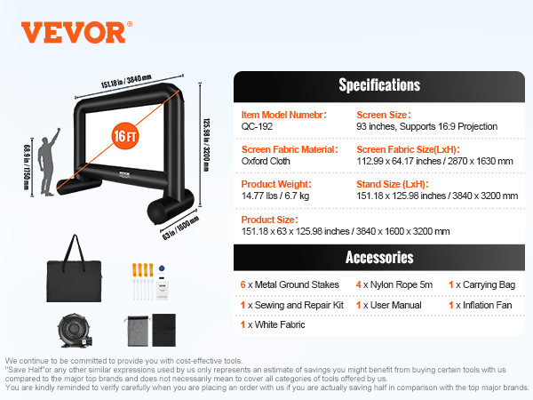 VEVOR inflatable movie screen, 16ft, with carry bag, fan, ground stakes, nylon rope, repair kit.