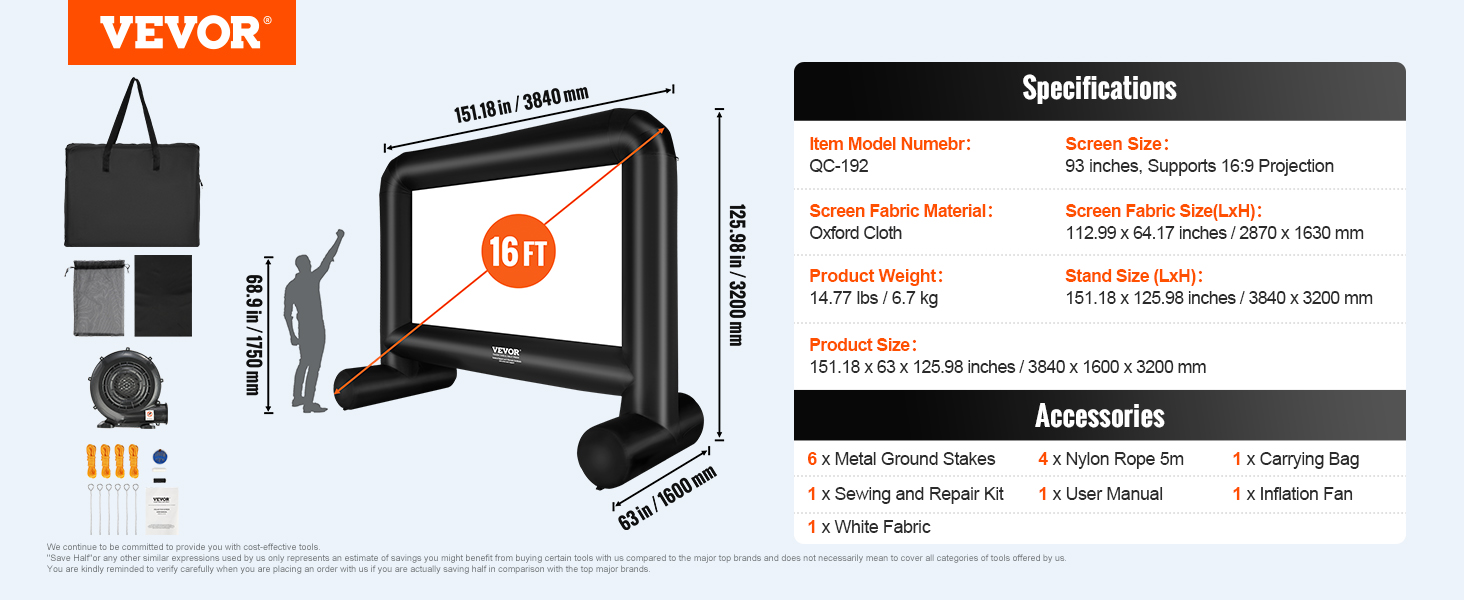 VEVOR inflatable movie screen, 16ft, with carry bag, fan, ground stakes, nylon rope, repair kit.