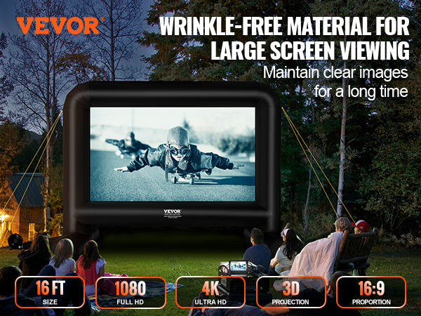 VEVOR inflatable movie screen showcasing outdoor family movie night, 16 ft size, 1080p, 4k, 3d, 16:9 ratio.