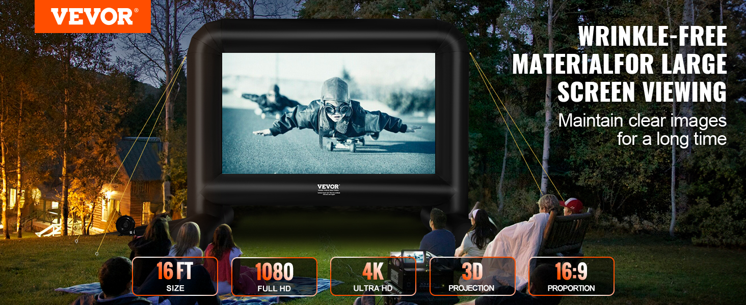 VEVOR inflatable movie screen showcasing outdoor family movie night, 16 ft size, 1080p, 4k, 3d, 16:9 ratio.