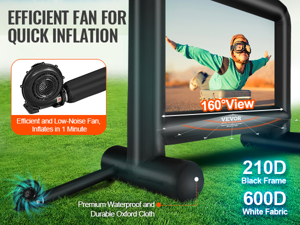 efficient fan inflating VEVOR inflatable movie screen with durable frame, waterproof fabric, 160° view.