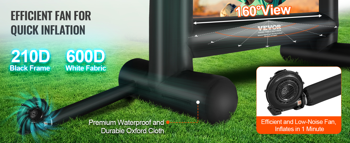 efficient fan inflating VEVOR inflatable movie screen with durable frame, waterproof fabric, 160° view.