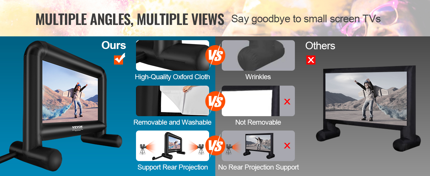 VEVOR inflatable movie screen vs alternatives: high-quality oxford cloth, removable, rear projection support.