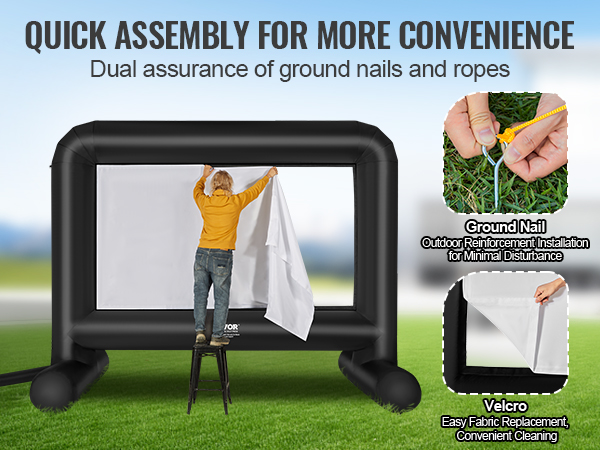 man setting up VEVOR inflatable movie screen with ground nails and velcro for easy assembly.