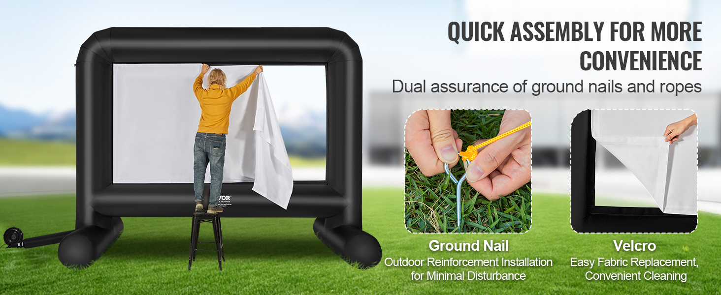 man setting up VEVOR inflatable movie screen with ground nails and velcro for easy assembly.