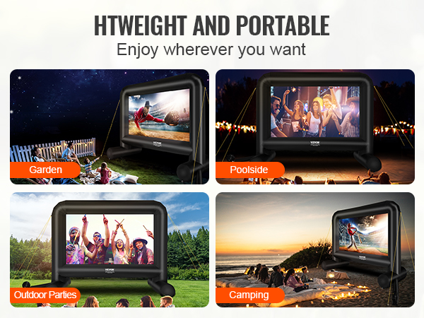 VEVOR inflatable movie screen for garden, poolside, outdoor parties, and camping events.
