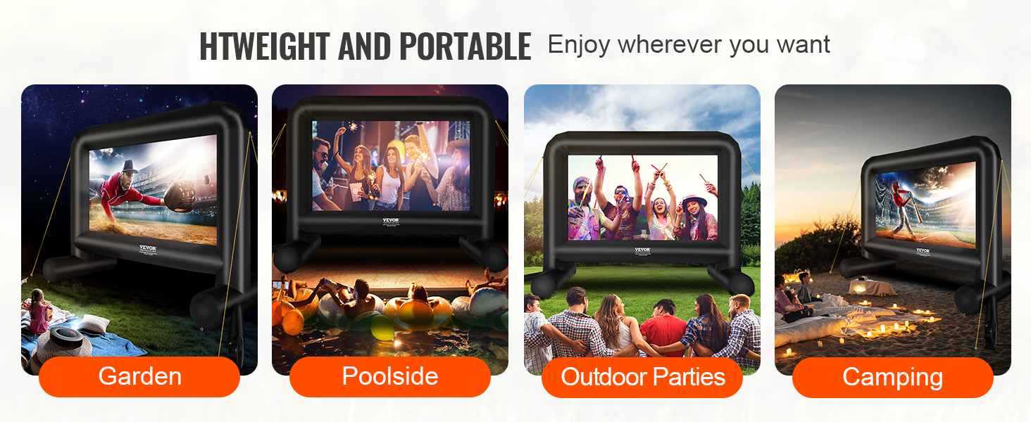 VEVOR inflatable movie screen for garden, poolside, outdoor parties, and camping events.