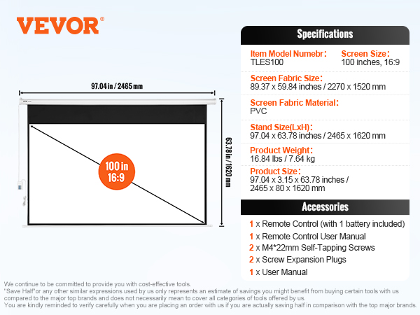 VEVOR motorized projector screen, 100 inches, 16:9, pvc fabric, includes remote control and accessories.