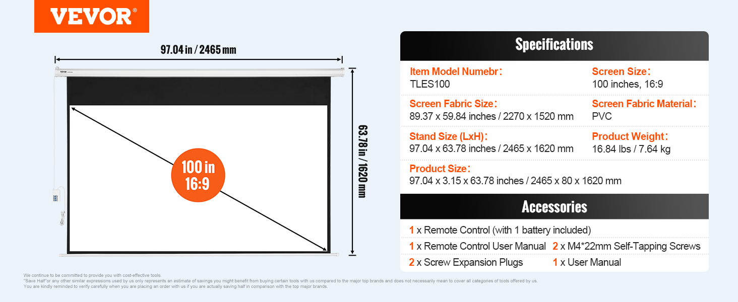 VEVOR motorized projector screen, 100 inches, 16:9, pvc fabric, includes remote control and accessories.