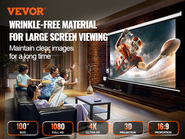 VEVOR motorized projector screen displaying a football game with wrinkle-free material, 4k, 1080p, and 3d.