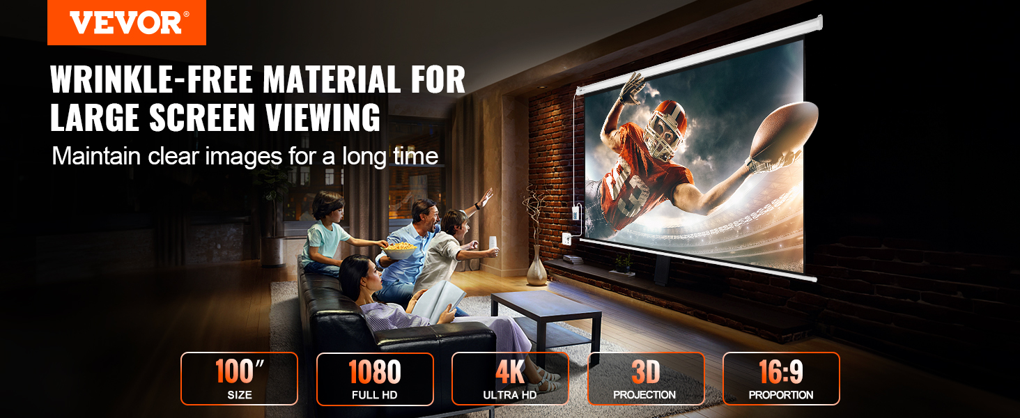 VEVOR motorized projector screen displaying a football game with wrinkle-free material, 4k, 1080p, and 3d.