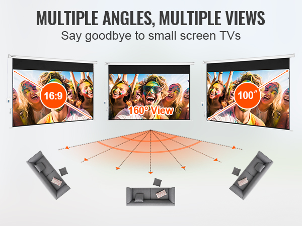 VEVOR motorized projector screen showcasing 16:9 ratio, 160° view, and 100-inch size for optimal viewing angles.