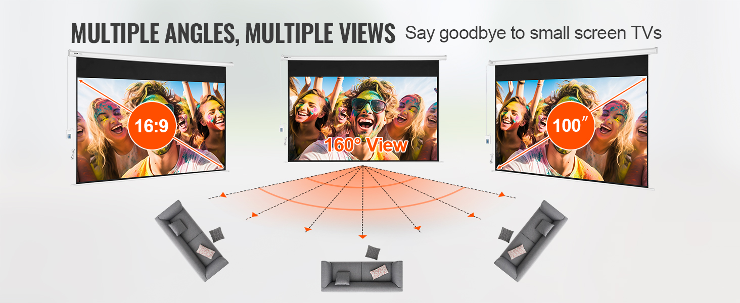 VEVOR motorized projector screen showcasing 16:9 ratio, 160° view, and 100-inch size for optimal viewing angles.