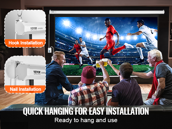 VEVOR motorized projector screen with easy hook or nail installation, enjoyed by friends watching sports.