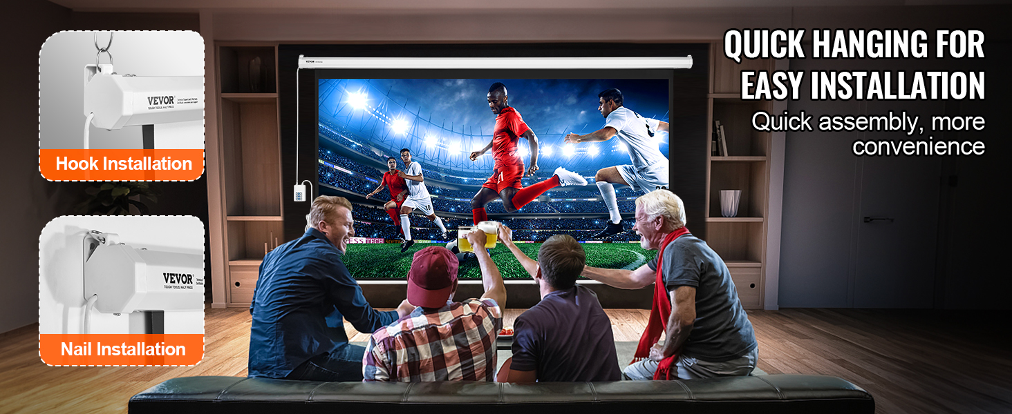 VEVOR motorized projector screen with easy hook or nail installation, enjoyed by friends watching sports.