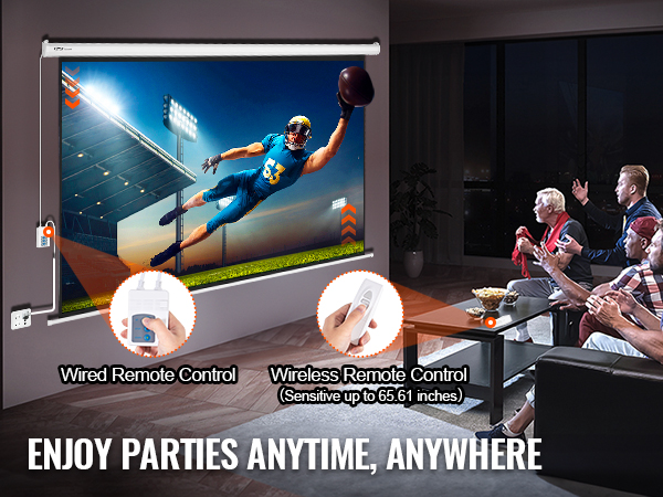 home theater setup with VEVOR motorized projector screen, enjoying sports with wired and wireless remote control.