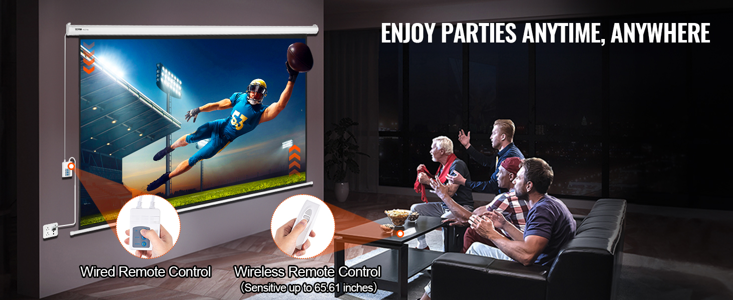 home theater setup with VEVOR motorized projector screen, enjoying sports with wired and wireless remote control.