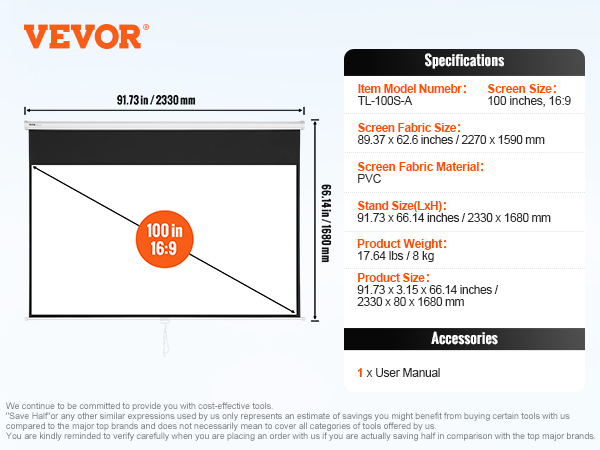 VEVOR projector screen, 100 inches, 16:9, pvc, 2330 x 1680 mm, manual included.