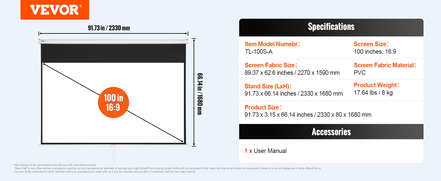 VEVOR projector screen, 100 inches, 16:9, pvc, 2330 x 1680 mm, manual included.