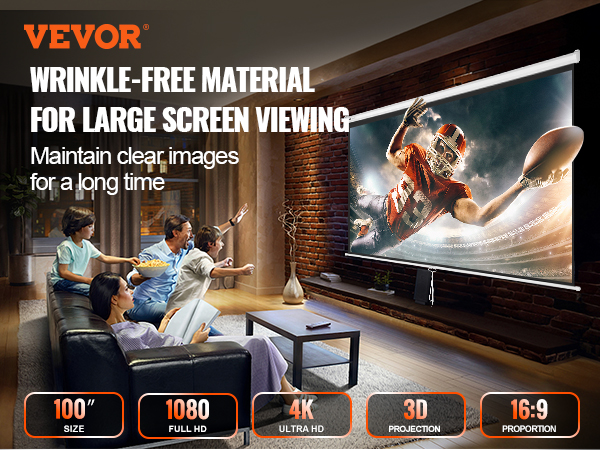 VEVOR projector screen showcasing a football game in a cozy living room, featuring 100" size and 4k hd.