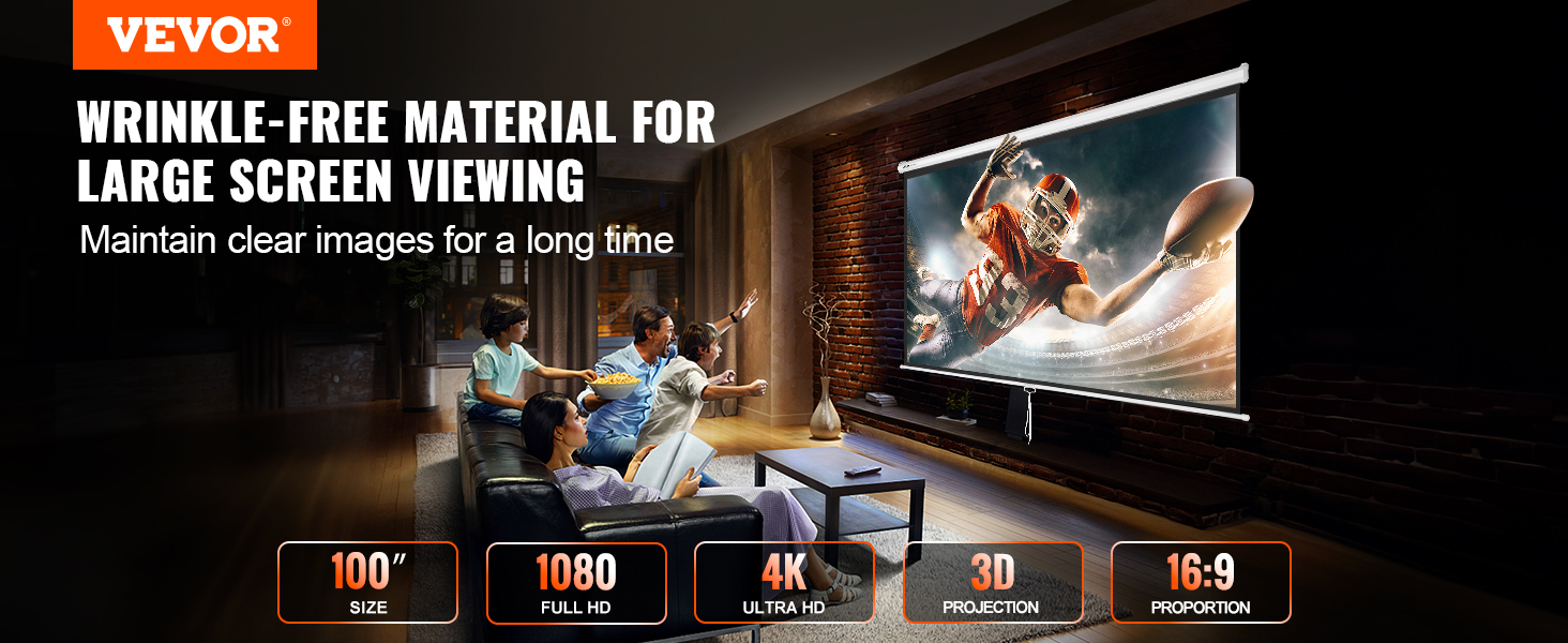 VEVOR projector screen showcasing a football game in a cozy living room, featuring 100" size and 4k hd.