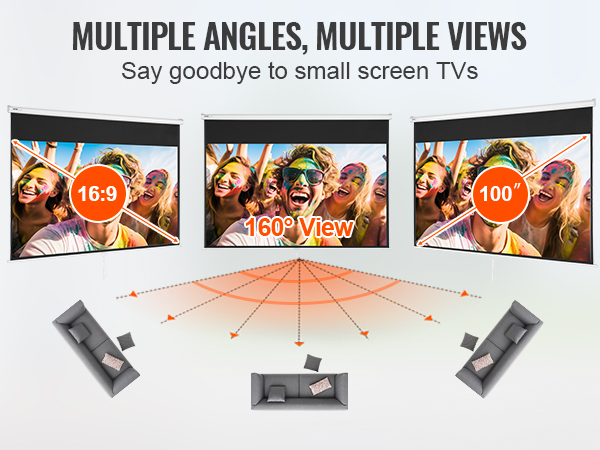 VEVOR projector screen showcasing 16:9 aspect ratio, 160° view angle, and 100-inch display in a living room setup.