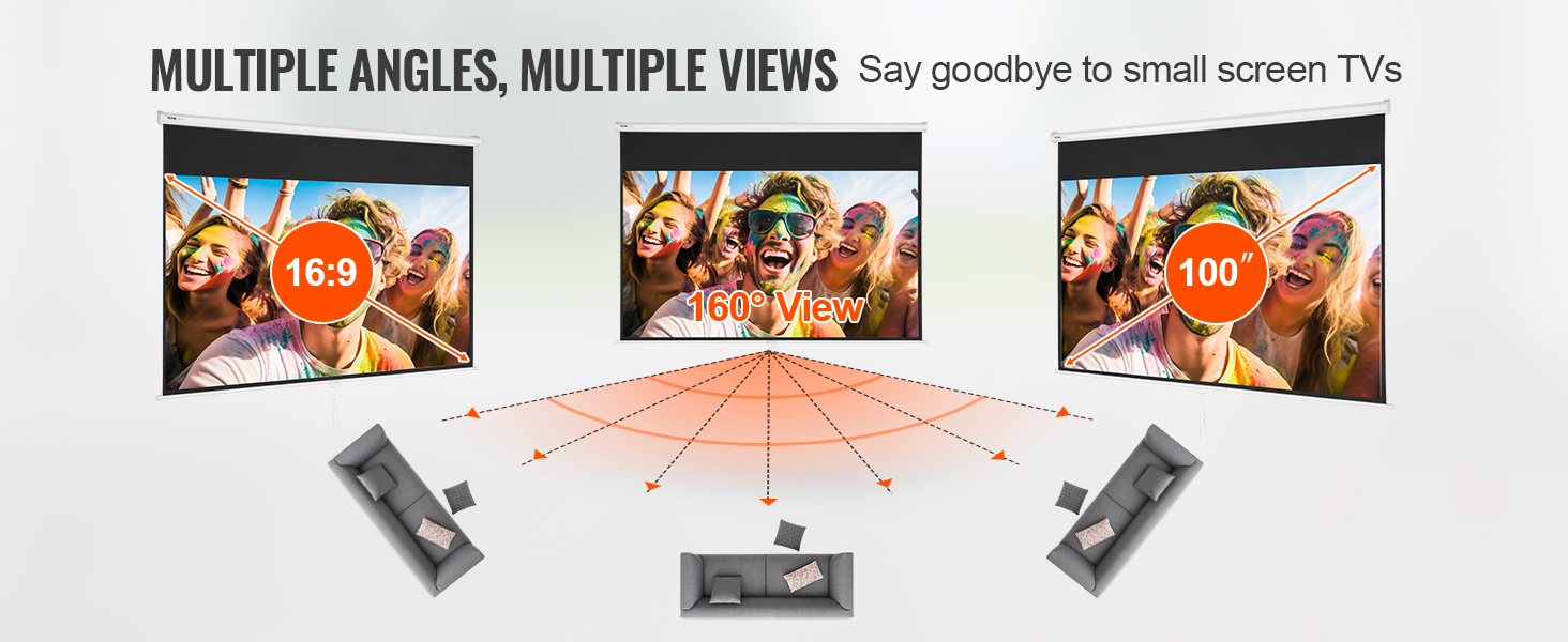 VEVOR projector screen showcasing 16:9 aspect ratio, 160° view angle, and 100-inch display in a living room setup.