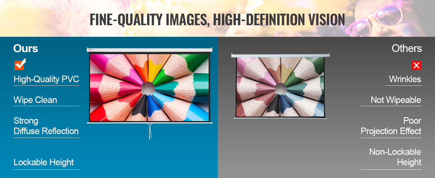 VEVOR projector screen comparison, high-quality pvc, no wrinkles, wipe clean, lockable height, sharp image.