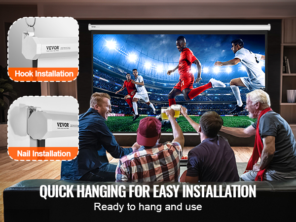 VEVOR projector screen setup using hook and nail installation options, perfect for home entertainment.