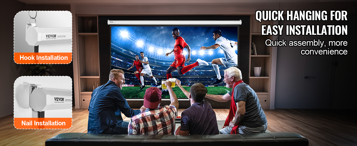 VEVOR projector screen setup using hook and nail installation options, perfect for home entertainment.
