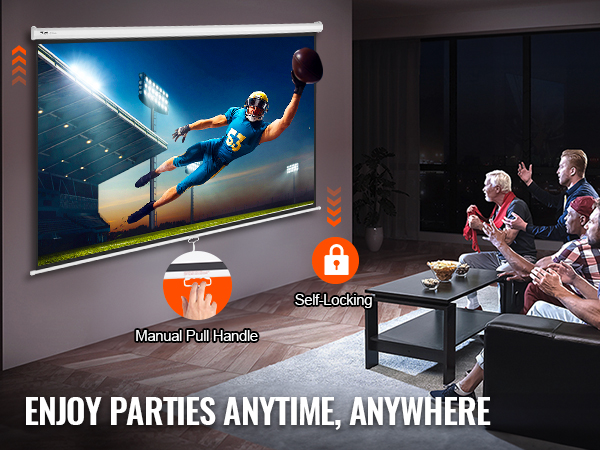 family watching a football game on a VEVOR projector screen with manual pull handle and self-locking.