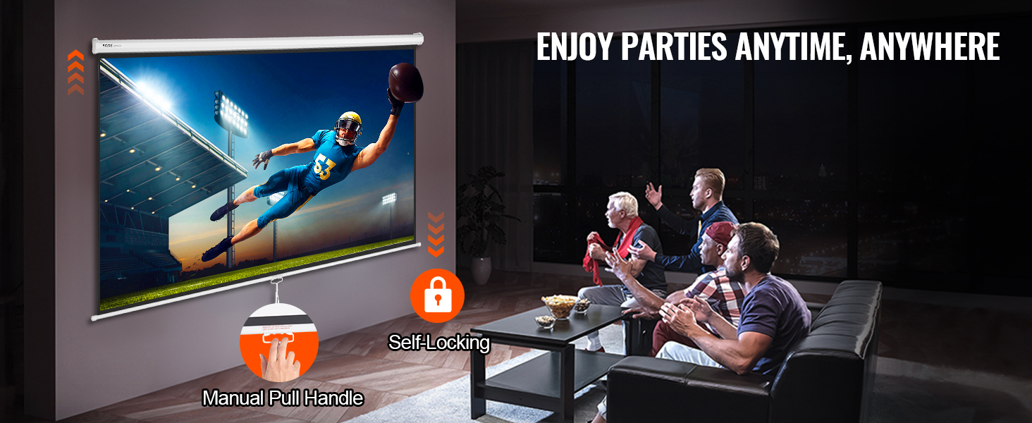 family watching a football game on a VEVOR projector screen with manual pull handle and self-locking.