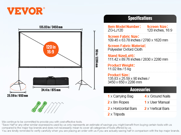 VEVOR projector screen, 120 inches 16:9, includes stand, ropes, carrying bag, and accessories.