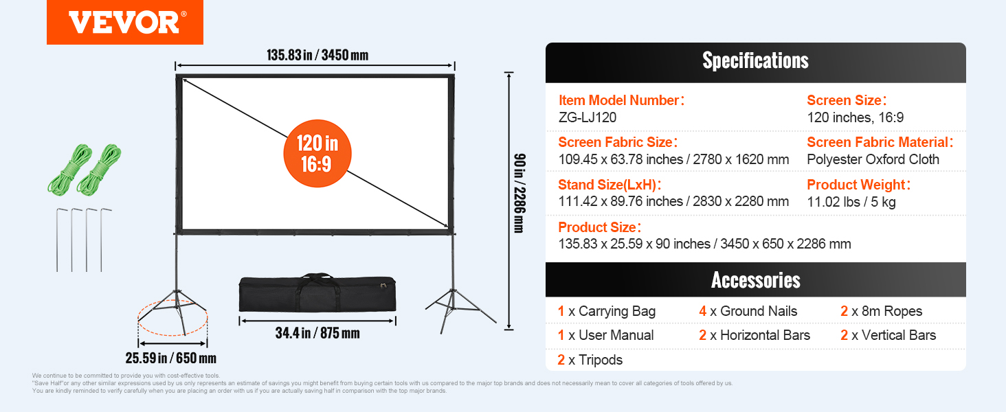 VEVOR projector screen, 120 inches 16:9, includes stand, ropes, carrying bag, and accessories.
