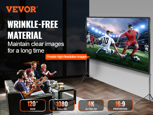 VEVOR projector screen features wrinkle-free material for clear images, 4k support, and 120" size.