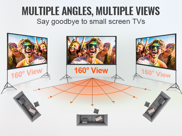 VEVOR projector screen offering 160° view angles, showcasing clear, vibrant visuals from multiple perspectives.