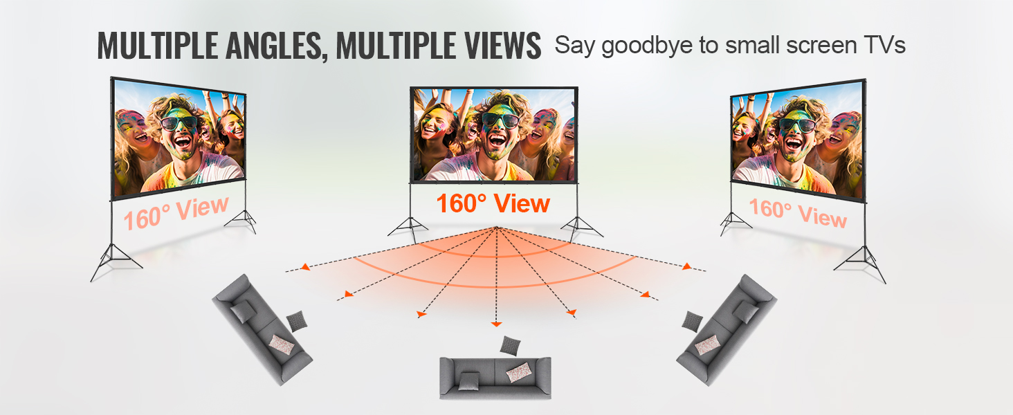 VEVOR projector screen offering 160° view angles, showcasing clear, vibrant visuals from multiple perspectives.