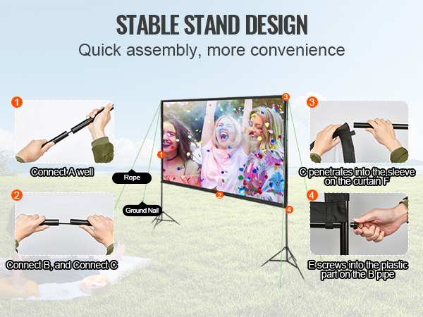 stable stand design for quick assembly of VEVOR projector screen in outdoor setting with assembly steps.