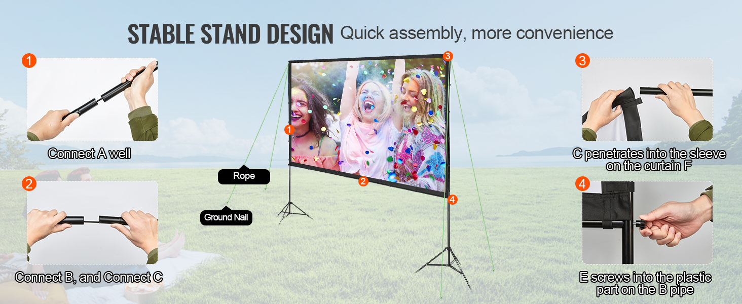 stable stand design for quick assembly of VEVOR projector screen in outdoor setting with assembly steps.