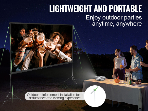 VEVOR projector screen at an outdoor party with friends enjoying drinks at night. lightweight and portable.