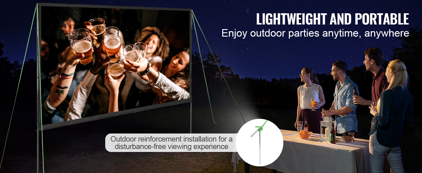VEVOR projector screen at an outdoor party with friends enjoying drinks at night. lightweight and portable.